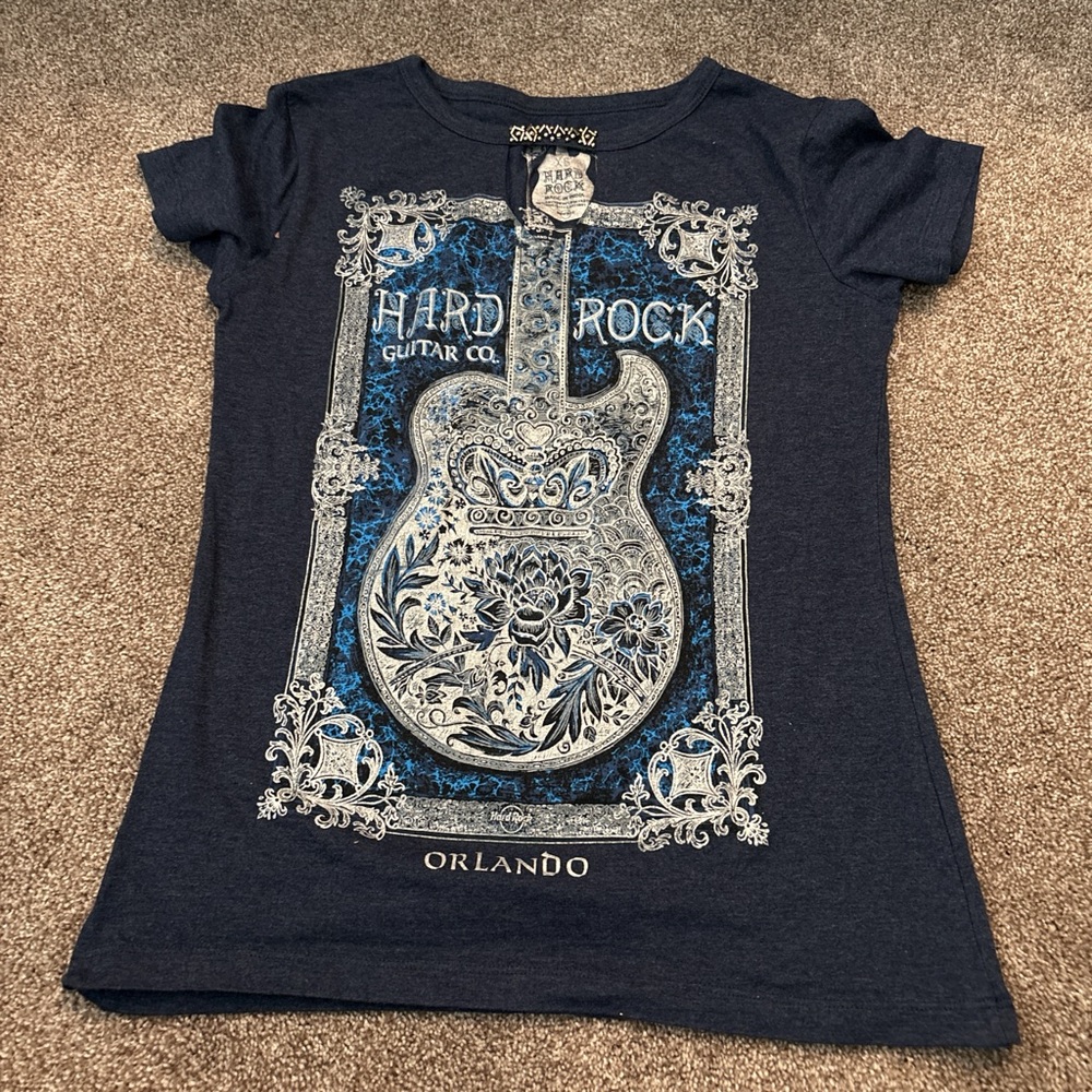Hard Rock Cafe Blue Short Sleeve Tee with Guitar Design